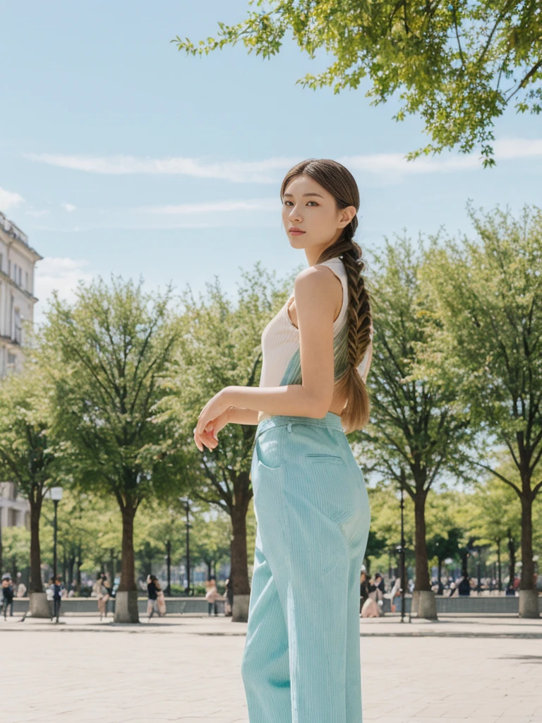 her name is Asako, high quality, 1girl, ((20-year-old fit Caucasian woman)), ((20 years old)), ((slim)), ((Fishtail Braid hair)), pose: standing, wearing stylish fashionable Generation-Z modern wear pastel colored, BACKGROUND: "In the Esplanadi Park, a green urban space with beautiful statues and lively street performances."