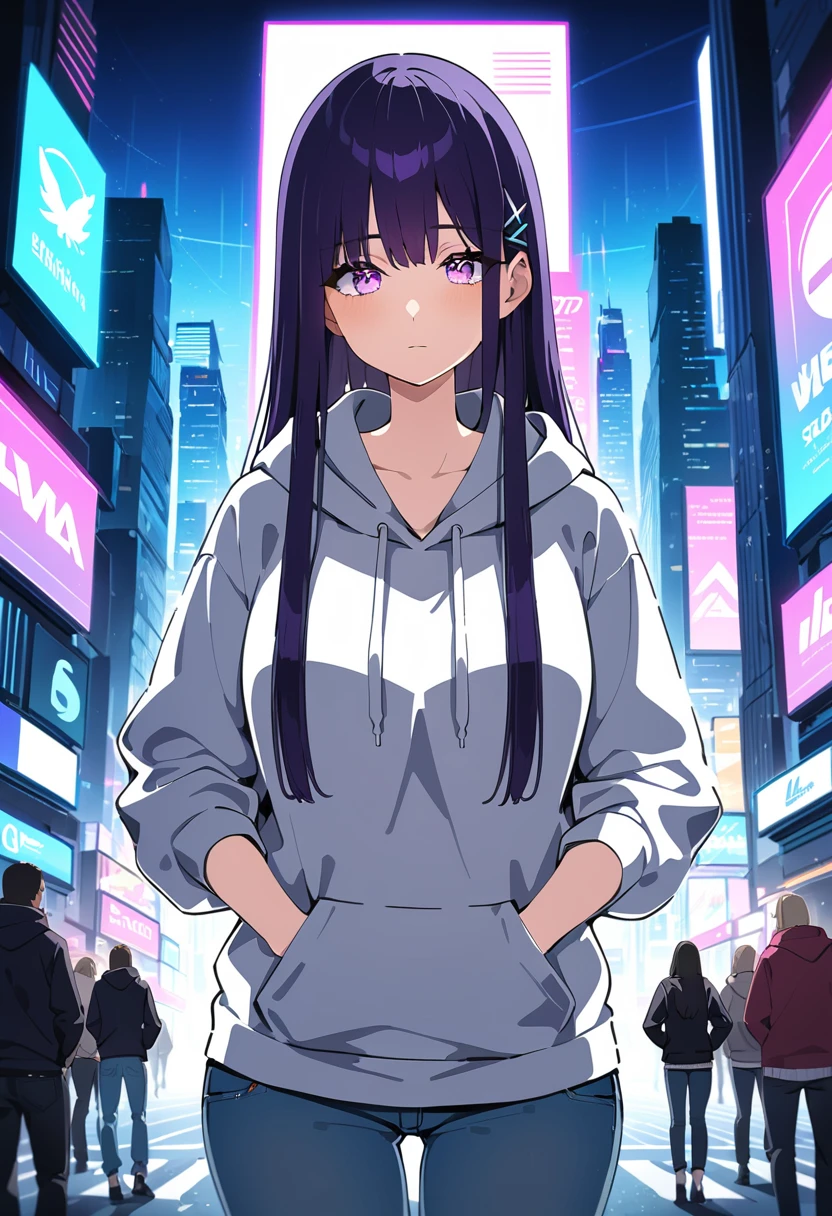 (masterpiece:1.37), best quality, (extremely detailed:1.37), woman, mature, adult, large breasts, very long hair, (straight hair:1.5), dark purple hair, purple eyes, (extremely detailed eyes:1.37), hoodie, jeans, desperation, (wetting: self 3.0), standing, city, futuristic, neon lighting, high-tech, street