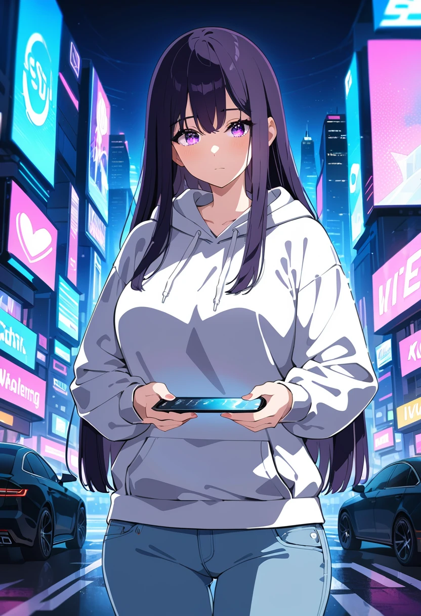 (masterpiece:1.37), best quality, (extremely detailed:1.37), woman, mature, adult, large breasts, very long hair, (straight hair:1.5), dark purple hair, purple eyes, (extremely detailed eyes:1.37), hoodie, jeans, desperation, (wetting: self 3.0), standing, city, futuristic, neon lighting, high-tech, street