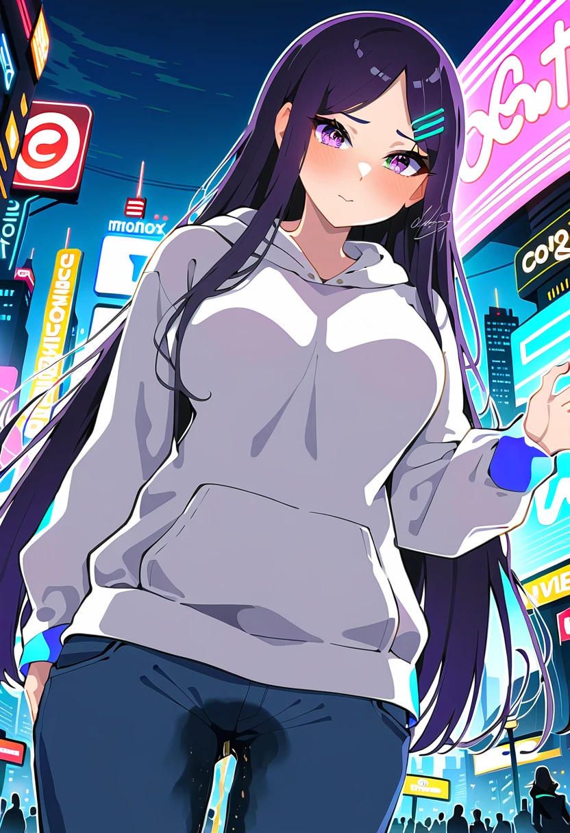 (masterpiece:1.37), best quality, (extremely detailed:1.37), woman, mature, adult, large breasts, very long hair, (straight hair:1.5), dark purple hair, purple eyes, (extremely detailed eyes:1.37), hoodie, jeans, desperation, (wetting: self 3.0), standing, city, futuristic, neon lighting, high-tech, street
