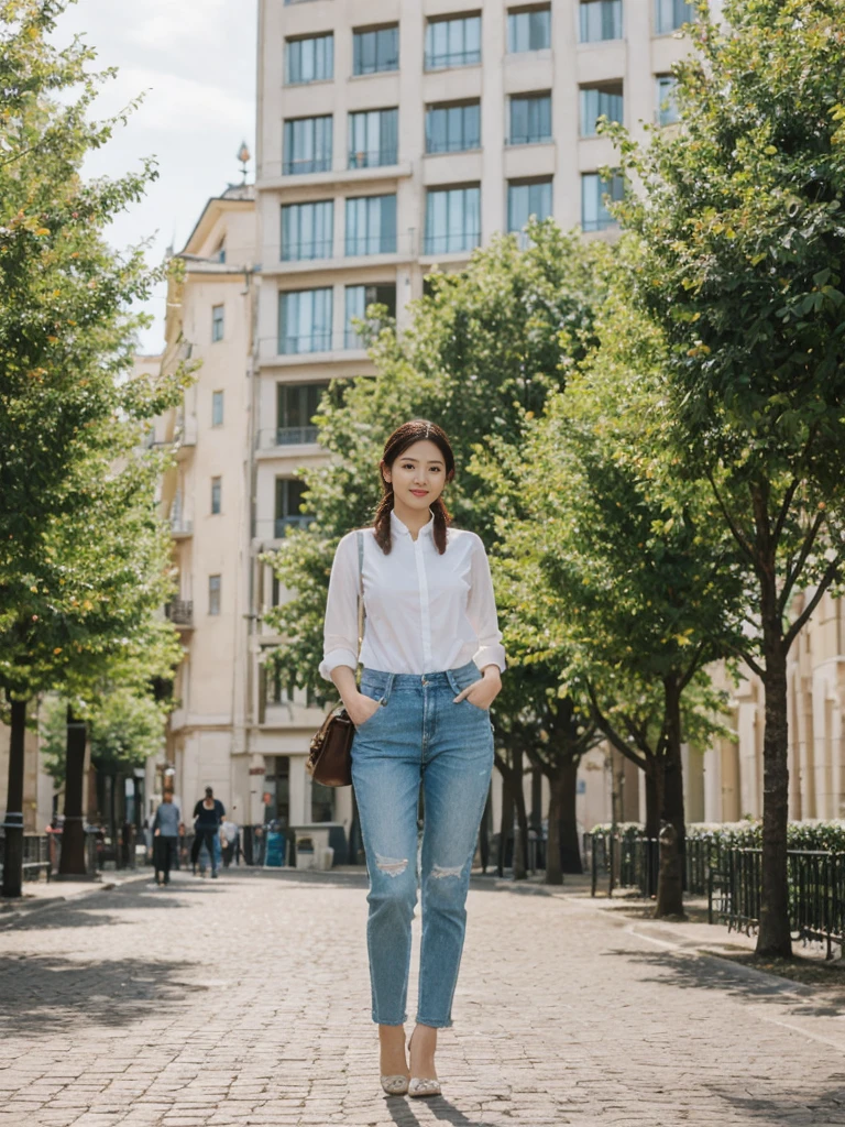 her name is Asako, high quality, 1girl, ((20-year-old fit Caucasian woman)), ((20 years old)), ((slim)), ((Fishtail Braid hair)), pose: standing, wearing stylish fashionable Generation-Z modern wear pastel colored, BACKGROUND: "In the Esplanadi Park, a green urban space with beautiful statues and lively street performances."