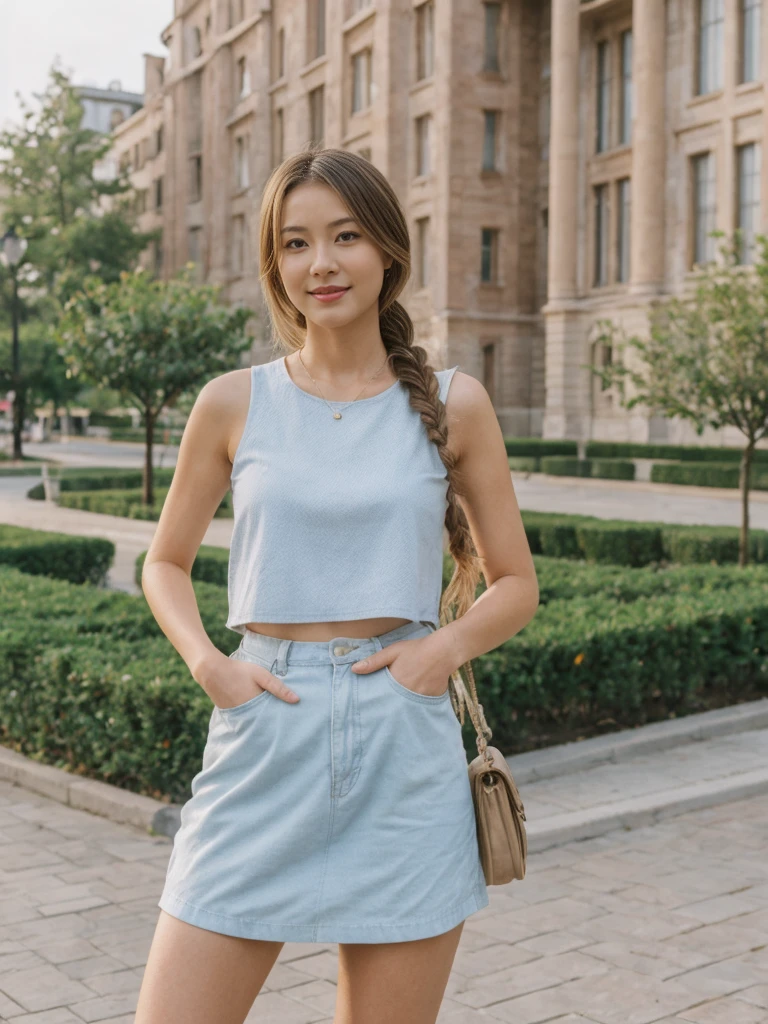 her name is Asako, high quality, 1girl, ((20-year-old fit Caucasian woman)), ((20 years old)), ((slim)), ((Fishtail Braid hair)), pose: standing, wearing stylish fashionable Generation-Z modern wear pastel colored, BACKGROUND: "In the Esplanadi Park, a green urban space with beautiful statues and lively street performances."