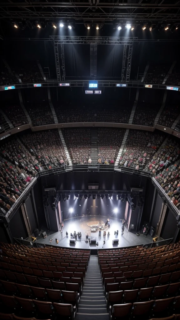 From above the concert stage with fan below 