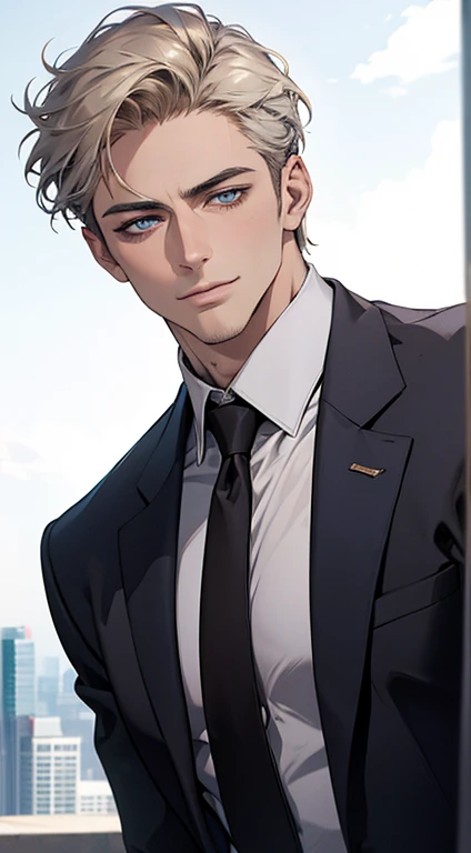 (best quality,4k,8k,highres,masterpiece:1.2),ultra-detailed,(realistic,photorealistic,photo-realistic:1.37),1 man,31 years old,mature man,very handsome,without expression,smile,short grey golden hair,blue eyes,penetrating gaze,perfect face without errors,imposing posture,businessman,office background,cinematic lighting,hdr image