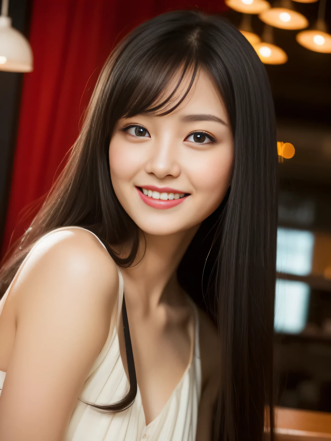 ((best quality, 8K, masterpiece: 1.3)), beautiful woman, pure, melon face, kind and cute, sweet smile, pure desire, slender body, (((Random body direction))), (tilted head), ((looking at camera)), pure desire, wearing a random color short dress, black silky long hair, long flowing shoulders, round black big eyes, clear big eyes, moist red lips, sweet, sitting in a lounge, Decorated with brightly cafe background, 28 years old, ((chest to head shot)),