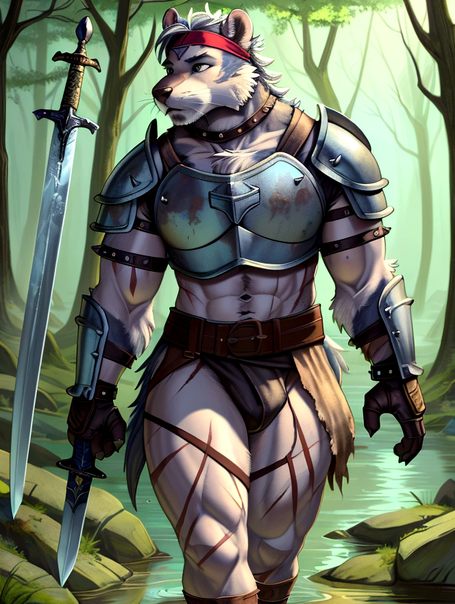 Solo Sexy young anthro furry otter male river mercenary medieval solider, slim endomorph muscular, anthro handsome gay shorter muzzle, handsome gay model male apperance, sword scars, shaggy shag hairs headband, worn out leather skimpy armament, low on hips heavy leather belt, old very worn out skimpy dirty linen material jockstrap, old yellow dirty worn out stains on white sawn jockstrap, very visible "x" brown seam pattern on the jockstrap, studded skimpy armlets breastplate armor, skimpy breastplate, leather bondages, fingerless leather gloves, smelly unwashed furr, dirty body look, walking through muddy forest river, close view of full character