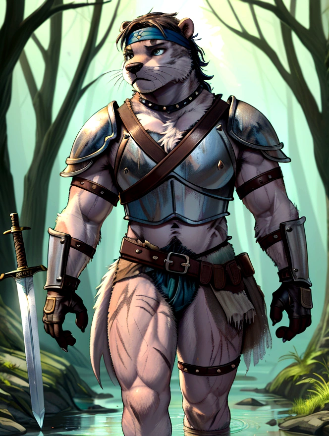 Solo Sexy young anthro furry otter male river mercenary medieval solider, slim endomorph muscular, anthro handsome gay shorter muzzle, handsome gay model male apperance, sword scars, shaggy shag hairs headband, worn out leather skimpy armament, low on hips heavy leather belt, old very worn out skimpy dirty linen material jockstrap, old yellow dirty worn out stains on white sawn jockstrap, very visible "x" brown seam pattern on the jockstrap, studded skimpy armlets breastplate armor, skimpy breastplate, leather bondages, fingerless leather gloves, smelly unwashed furr, dirty body look, walking through muddy forest river, close view of full character