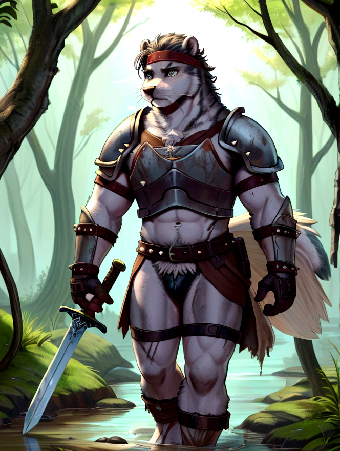 Solo Sexy young anthro furry otter male river mercenary medieval solider, slim endomorph muscular, anthro handsome gay shorter muzzle, handsome gay model male apperance, sword scars, shaggy shag hairs headband, worn out leather skimpy armament, low on hips heavy leather belt, old very worn out skimpy dirty linen material jockstrap, old yellow dirty worn out stains on white sawn jockstrap, very visible "x" brown seam pattern on the jockstrap, studded skimpy armlets breastplate armor, skimpy breastplate, leather bondages, fingerless leather gloves, smelly unwashed furr, dirty body look, walking through muddy forest river, close view of full character