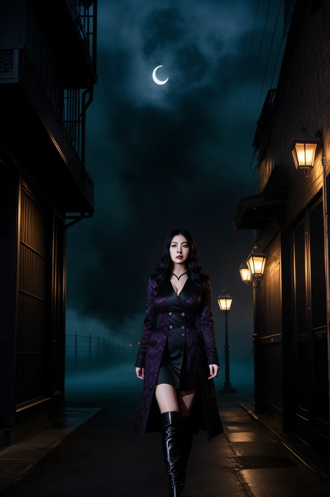 photo realist, horror themed, Underworld Theme, dark element, high quality realistic masterpiece,1 girl, (comely) Japanese woman,Chloe Cherry Lips, lip filler, face detailed, 27 year old, symmetrical eyes,symmetrical face,subtle vampire fangs, violet eyes, long wavy black hair, walking in the dark, misty, misty, moonlit alley,Cloudy moon room in sky in background, moonlit,with fog and shadows, frightful,natta,cinematic lighting,Dress conservatively, wearing a deep purple lace top & black double breasted coat (buttoned up) black closed coat, black medium length black skirt., Fix your hands, Detailed lips