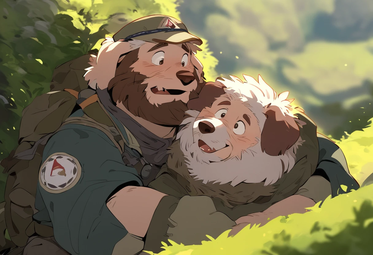 anthropology, Beast field, male, Duet, ((Round Face, The face is plump, Thick beard)), ((Endomorph, elderly)), ((Expedition Clothing:1.5)), ((domestic dog, dog) Fluffy fur, Fluffy), (On Lawn Hill), Bokeh, (Embrace, Embrace他的孙子), Detailed background, (high quality, high resolution, masterpiece), (Dynamic Lighting, Bright colors), (hapiness的, hapiness, proudly), Wholesome scenes, (Dynamic poses), (close up), cartoon, (Animation:1.3), Vector Art, Flat Color, (High Angle View:1.1)