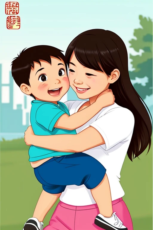 cartoon of a cheerful girl of Chinese origin, carried on his dad's shoulders, next to them the girl's older brother; in the sky seven black and white swallows in full flight; in the background a beautiful Chinese landscape.