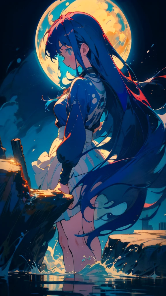 Blue-haired long hair,Design clothing,Seven-doppelganger shot,Anime style 4K,Anime girl with teal hair,High quality anime art style,Are standing,painting,Splash ink background,Blue Themes、Pure white background,Buildings,Face close-up,Buildings,Moon and sun、Long legs,Tokyo city,water surface,Splash,Ocean