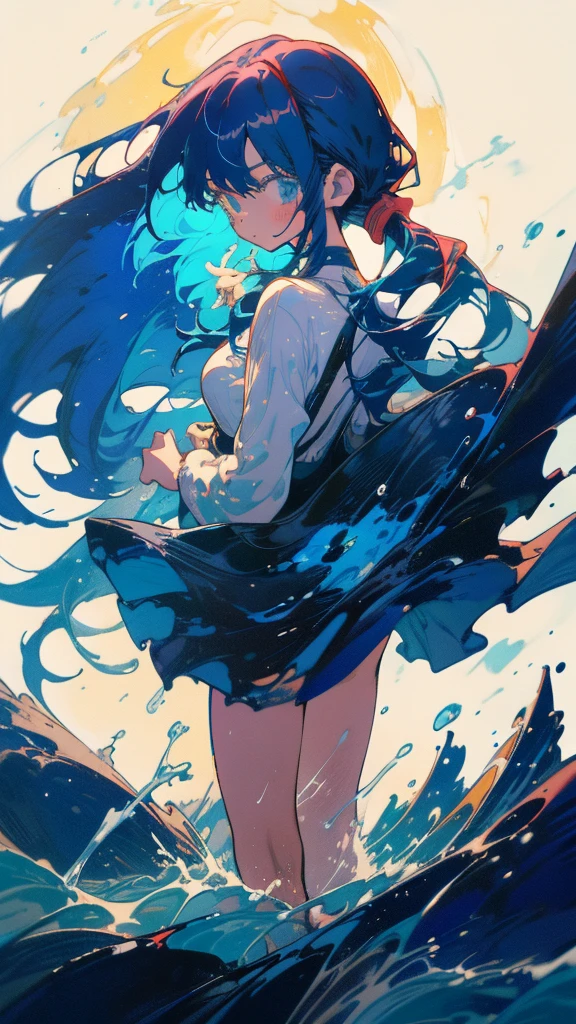 Blue-haired long hair，Design clothing，Seven-doppelganger shot，Anime style 4K，Anime girl with teal hair，High quality anime art style，Are standing,painting，Splash ink background，Blue Themes、Pure white background,Buildings,Face close-up,Buildings,Moon and sun、Long legs,Tokyo city,water surface,Splash,Ocean