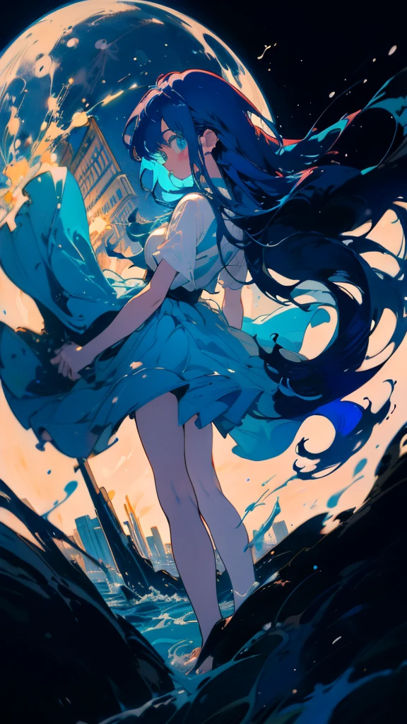 Blue-haired long hair,Design clothing,Seven-doppelganger shot,Anime style 4K,Anime girl with teal hair,High quality anime art style,Are standing,painting,Splash ink background,Blue Themes、Pure white background,Buildings,Face close-up,Buildings,Moon and sun、Long legs,Tokyo city,water surface,Splash,Ocean