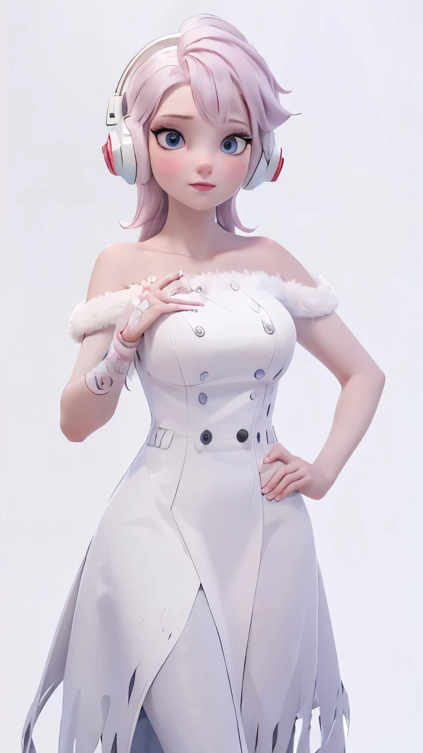 (1 girl, Alone, Masterpiece, 4k, Best Quality:1.2, (cowboy shot), Best Quality:1.2, good hands, showy, (perfect hands, perfect anatomy)), 
utaop, headphones,blush, White dress, fur over one, red and white hair, multicolor fur, High average, 
((medium breasts, big hips, looking at the viewer)), 
((simple background, White background)), 