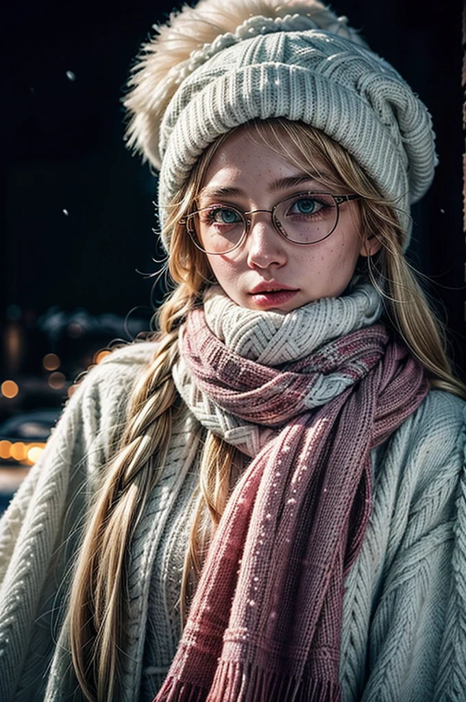 1 girl, blonde hair, long hair, crownbraid, snowcap, round eyewear, glasses, white winter furcoat, snow, standing, in snow, night, solo, orange lighting, pink scarf, hand on scarf, green eyes, black gloves, close up, moonlight, snowing, freckles