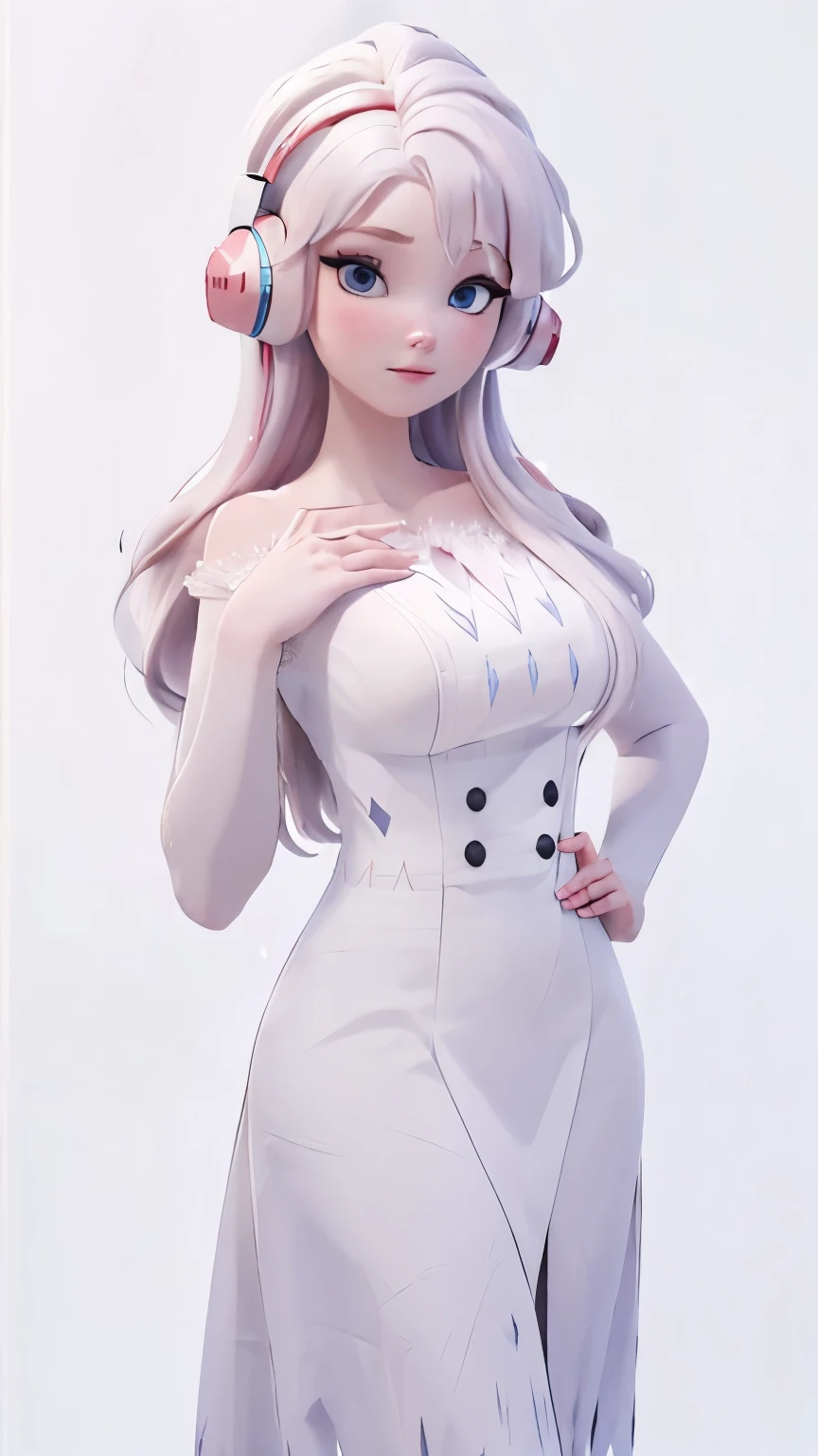 (1 girl, Alone, Masterpiece, 4k, Best Quality:1.2, (cowboy shot), Best Quality:1.2, good hands, showy, (perfect hands, perfect anatomy)), 
utaop, headphones,blush, White dress, fur over one, red and white hair, multicolor fur, High average, 
((medium breasts, big hips, looking at the viewer)), 
((simple background, White background)), 