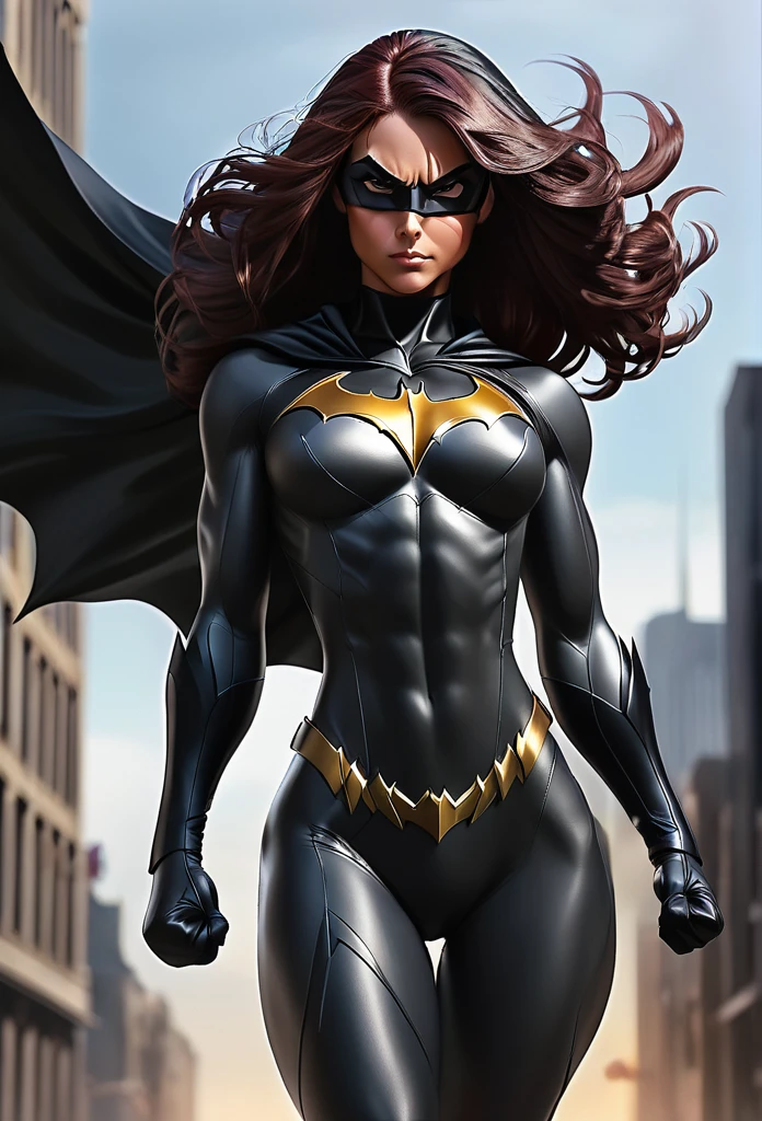 Massive muscular girl, with growth muscles veins, with style Batgirl ,steel tones black,abs growth without clothes black bright,
,She is in combat pose, her veins are pulsing ,concept art,she is standing ,I have a long black cape 