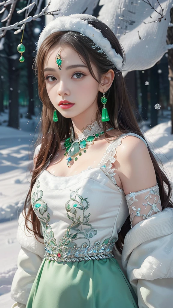 8k, masterpiece, 1 girl, beautiful face, very long hair, light makeup, detailed eyes, detailed lips, small bust, winter dress, orange dress, (wearing jewellery:1.8), (green lace:1.4), ((snow falling:1.4)),25 years, with a bears