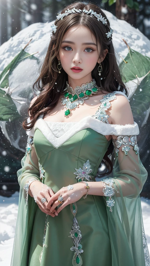 8k, masterpiece, 1 girl, beautiful face, very long hair, light makeup, detailed eyes, detailed lips, small bust, winter dress, orange dress, (wearing jewellery:1.8), (green lace:1.4), ((snow falling:1.4)),25 years, with a bears