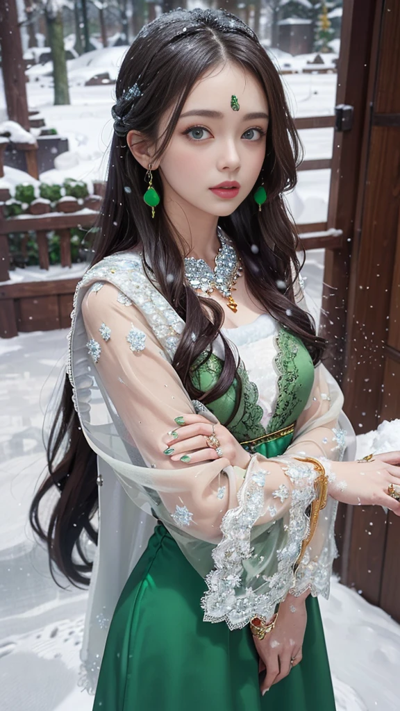 8k, masterpiece, 1 girl, beautiful face, very long hair, light makeup, detailed eyes, detailed lips, small bust, winter dress, orange dress, (wearing jewellery:1.8), (green lace:1.4), ((snow falling:1.4)),25 years, with a bears