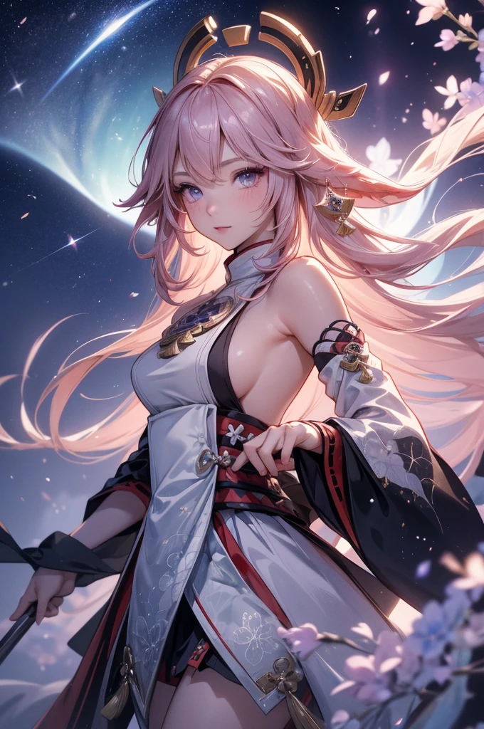 ((yaemikodef)):1.5, ((masterpiece,Highest quality,Highly detailed images,Beautiful images、Dutch Angle)), (Close-up image of yaemiko、Overall dim lighting、Backlight、Strong backlighting、Fantastic dark atmosphere、Thick Fog、Dust flutters),(Dynamic pose)1.2, sideboob、((from front;1.5)), (Beautiful starry sky、White Nights、shooting star)