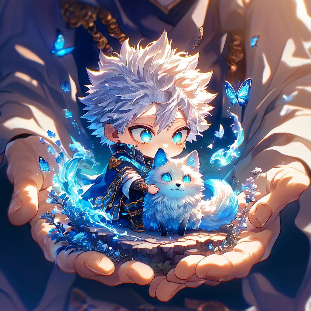 absurdres, highres, ultra detailed, HDR, master piece, best quality, extremely detailed, Dabi chibi, white hair, expressive turquoise eyes, Boku No Hero Academia, boy hugging a fox, magical, fantasy, magic, blue fire, blue forest, glittering, blue butterflies, blue petals, blue flowers