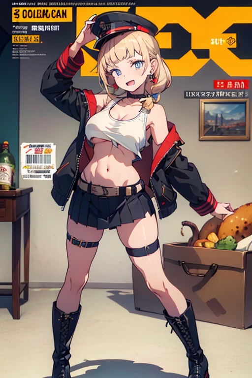 (masterpiece:1.2), (Military uniform magazine cover:1.4),best quality,PIXIV,Sweet girl , sexy posture,1girl, (perky chest:1.2), rolling upskirt by wind:1.6, (with sparkling eyes and a contagious smile),open mouth, (pointed chest:1.2),fishnets, black hair, boots, long hair, black nails, skirt, shirt, solo, black footwear, bag, black skirt, jewelry, jacket, on head, black jacket, thigh strap, bangs, necktie, earrings, nail polish, multicolored hair, looking at viewer, full body, bottle, own hands together, belt, jacket on shoulders, food, cats on head, black necktie, ring, choker, english text, collared shirt, blue eyes, platform boots, hat, lace-up boots ,masterpiece、highest quality、Very detailed、An illustration、Beautiful fine details、One Girl、cute、Detailed landscape、Training Room Background:1.4、Platinum Blonde Hair、Braided Ponytail、Red camisole、((D cup breasts, Tank top showing underboob:1.3))
