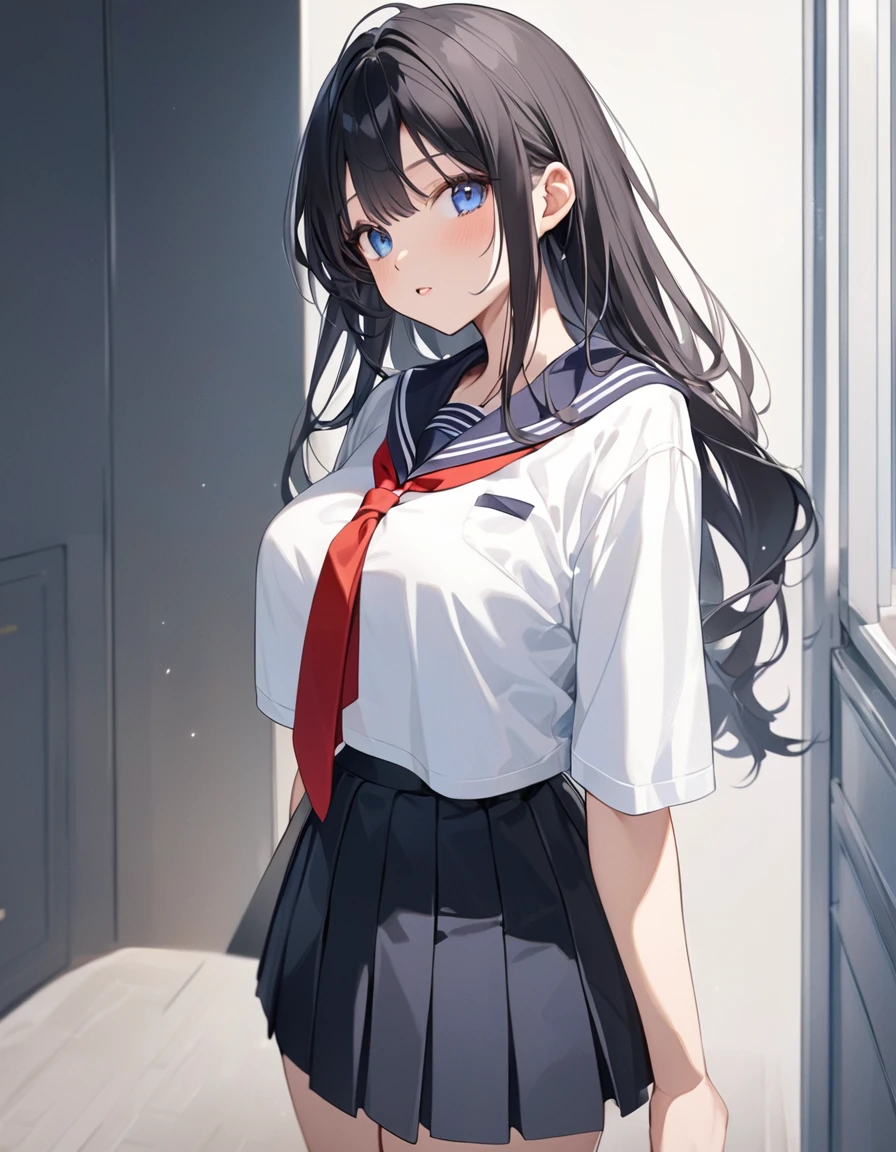 (Highest qualityのイラスト:1.2), (cute女の子:1.1), (1 girl、、Highest qualityのイラスト:1.2), (1 girl、Kind eyes、blue eyes:1.2)、Black Hair、Semi-long hair、(Highest quality、Very detailed、cute、Ultra-high resolution) 、High School Uniform{Sailor suit、Red neckerchief、Short sleeve、Pleated skirt)、Large Breasts、Stylish, from side, Cowboy Shot