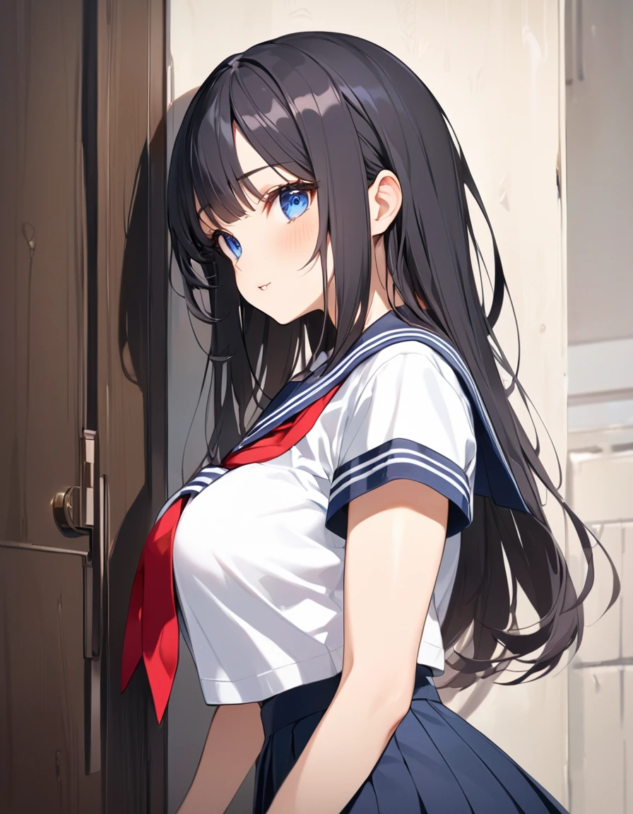 (Highest qualityのイラスト:1.2), (cute女の子:1.1), (1 girl、、Highest qualityのイラスト:1.2), (1 girl、Kind eyes、blue eyes:1.2)、Black Hair、Semi-long hair、(Highest quality、Very detailed、cute、Ultra-high resolution) 、High School Uniform｛Sailor suit、Red neckerchief、Short sleeve、Pleated skirt)、Large Breasts、Stylish, from side, Cowboy Shot