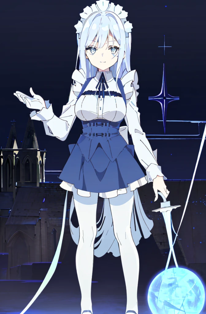 ((cathedral background)),1 girl,blue hair, plump and slender girl, (girl wearing white shirt, black wrinkled skirt, with black transparent pantyhose), ((blue medium hair)),((White Maid Costume)),blue eyes,((whole body)),whole body,((White Maid Costume)),((White Maid Costume)),evil smile,((cathedral background)),((cathedral background)),