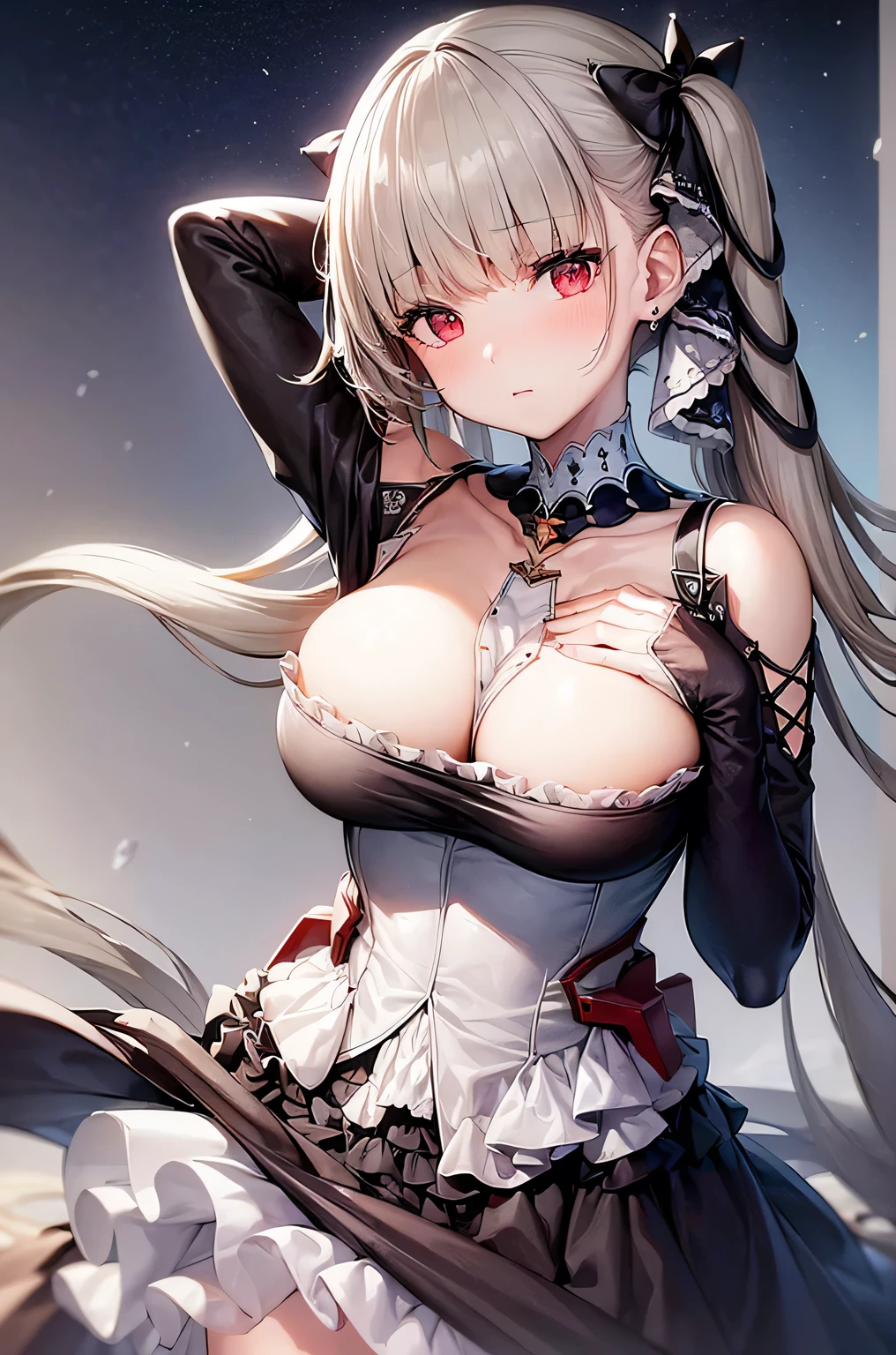 ((dress_default, terrific_default)):1.5,((solo, 1girl)) ((masterpiece,Highest quality,Highly detailed images,Beautiful images、Realistic、Dutch Angle)), (Bright lighting overall、Backlight、A fantastic atmosphere、Thick Fog、Dust flutters),(Dynamic pose、Beautiful cleavage、large breasts)1.2, ((Beautiful starry sky:1.5、Rooftop:1.2))((arms behind head))、Black sleeves