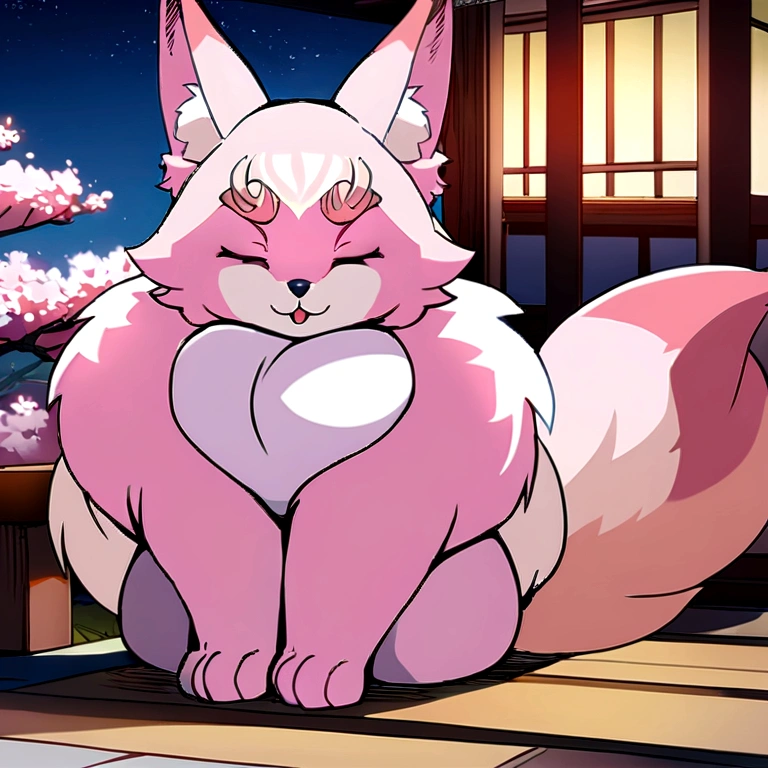Masterpiece, High quality, High quality of art, best quality, best details, anime lineart, anime artstyle, 2d anime lineart, Furry, 1boy, kemono, fox, white and pink sakura fur, a small female breast, giant hips, Pink fur, feminine, naked, very fluffy body, Pink fur paws, Pink fluffy giant tail, Eyes closed, Dressed in a white and red kaori, sitting under a blue cherry blossom tree at night in a temple, small penis, sleeping, small dog penis