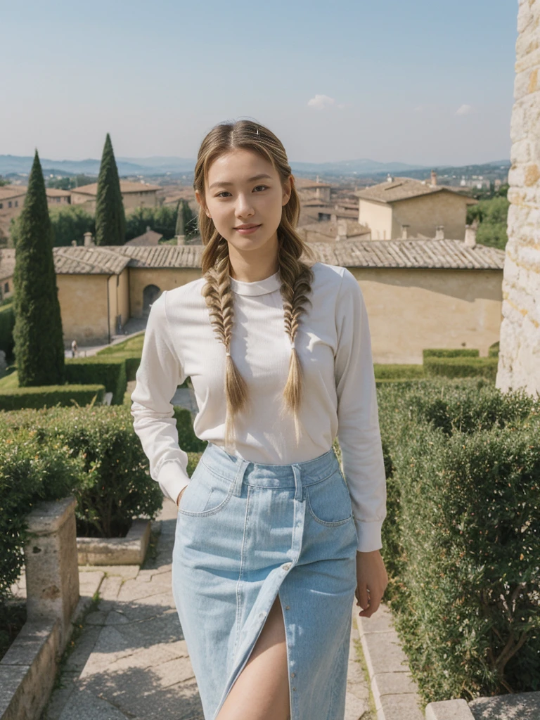 her name is Asako, high quality, 1girl, ((20-year-old fit Caucasian woman)), ((20 years old)), ((slim)), ((Fishtail Braid hair)), pose: standing, wearing Generation-Z modern wear pastel colored, BACKGROUND:"In the Boboli Gardens, with manicured lawns, sculptures, and panoramic views of the Tuscan landscape."
