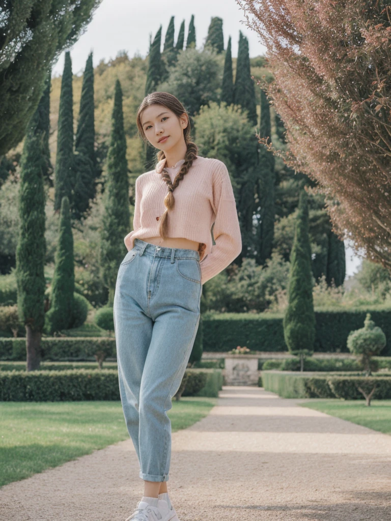 her name is Asako, high quality, 1girl, ((20-year-old fit Caucasian woman)), ((20 years old)), ((slim)), ((Fishtail Braid hair)), pose: standing, wearing Generation-Z modern wear pastel colored, BACKGROUND:"In the Boboli Gardens, with manicured lawns, sculptures, and panoramic views of the Tuscan landscape."