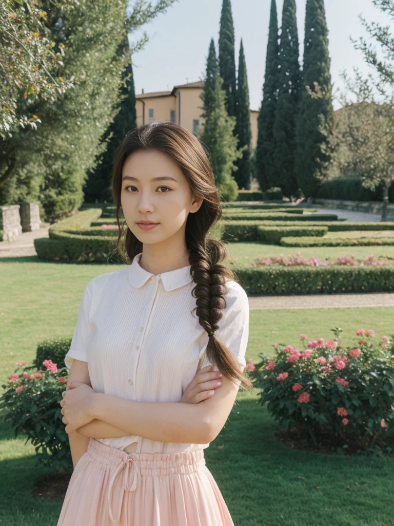 her name is Asako, high quality, 1girl, ((20-year-old fit Caucasian woman)), ((20 years old)), ((slim)), ((Fishtail Braid hair)), pose: standing, wearing Generation-Z modern wear pastel colored, BACKGROUND:"In the Boboli Gardens, with manicured lawns, sculptures, and panoramic views of the Tuscan landscape."