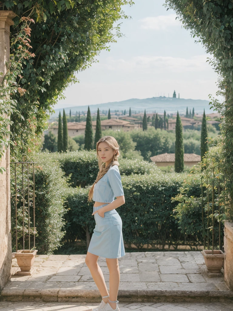 her name is Asako, high quality, 1girl, ((20-year-old fit Caucasian woman)), ((20 years old)), ((slim)), ((Fishtail Braid hair)), pose: standing, wearing Generation-Z modern wear pastel colored, BACKGROUND:"In the Boboli Gardens, with manicured lawns, sculptures, and panoramic views of the Tuscan landscape."