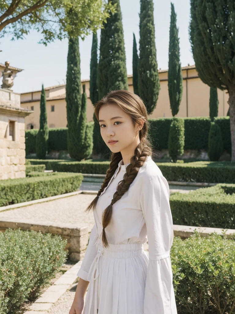 her name is Asako, high quality, 1girl, ((20-year-old fit Caucasian woman)), ((20 years old)), ((slim)), ((Fishtail Braid hair)), pose: standing, wearing Generation-Z modern wear pastel colored, BACKGROUND:"In the Boboli Gardens, with manicured lawns, sculptures, and panoramic views of the Tuscan landscape."