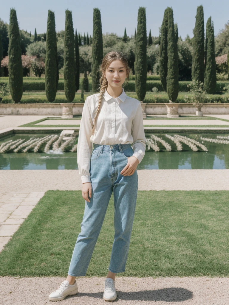 her name is Asako, high quality, 1girl, ((20-year-old fit Caucasian woman)), ((20 years old)), ((slim)), ((Fishtail Braid hair)), pose: standing, wearing  Generation-Z modern wear pastel colored, BACKGROUND:"In the Boboli Gardens, with manicured lawns, sculptures, and panoramic views of the Tuscan landscape."