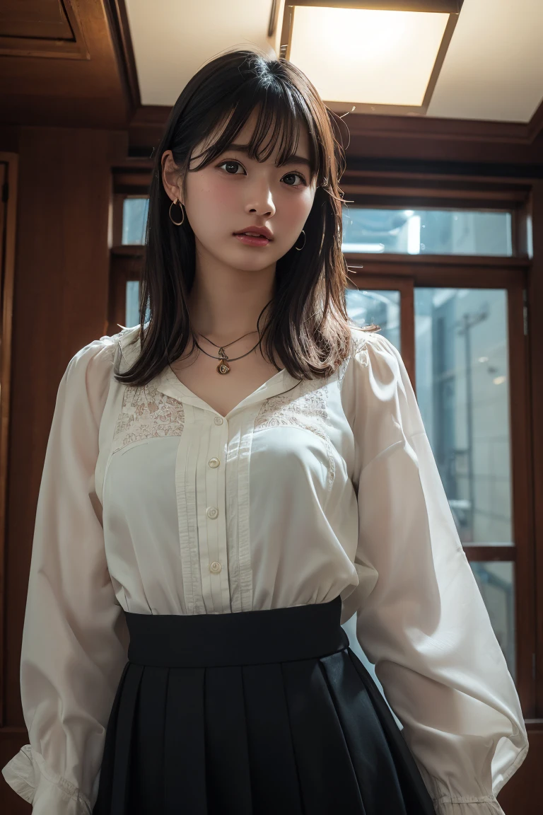 (Highest quality:1.4),(masterpiece:1.4),(Realistic:1.4),(Realistic:1.2),(超High resolution, RAW Photos:1.4),(High resolution, Ultra-detailed:1.2),(8K:1.2),View your viewers,Cinematic photography,One girl,Skeletally correct fingers,Black-haired woman,(Small earrings,necklace,A dress that fits the body line,Long flared skirt,View from the front),(Western-style building interior,Dimly lit room,The lamplight shines on my cheeks)
