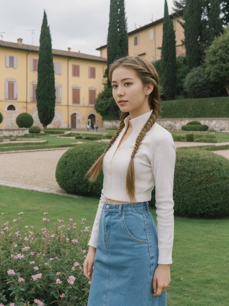 her name is Asako, high quality, 1girl, ((20-year-old fit Caucasian woman)), ((20 years old)), ((slim)), ((Fishtail Braid hair)), pose: standing, wearing Generation-Z modern wear pastel colored, BACKGROUND:"In the Boboli Gardens, with manicured lawns, sculptures, and panoramic views of the Tuscan landscape."
