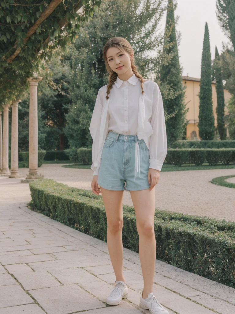 her name is Asako, high quality, 1girl, ((20-year-old fit Caucasian woman)), ((20 years old)), ((slim)), ((Fishtail Braid hair)), pose: standing, wearing Generation-Z modern wear pastel colored, BACKGROUND:"In the Boboli Gardens, with manicured lawns, sculptures, and panoramic views of the Tuscan landscape."