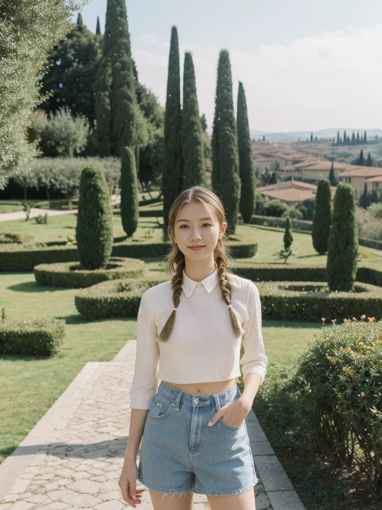 her name is Asako, high quality, 1girl, ((20-year-old fit Caucasian woman)), ((20 years old)), ((slim)), ((Fishtail Braid hair)), pose: standing, wearing Generation-Z modern wear pastel colored, BACKGROUND:"In the Boboli Gardens, with manicured lawns, sculptures, and panoramic views of the Tuscan landscape."