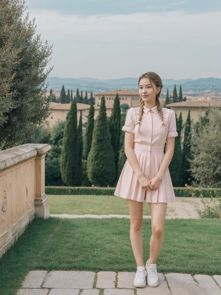 her name is Asako, high quality, 1girl, ((20-year-old fit Caucasian woman)), ((20 years old)), ((slim)), ((Fishtail Braid hair)), pose: standing, wearing edgy  Generation-Z modern wear pastel colored, BACKGROUND:"In the Boboli Gardens, with manicured lawns, sculptures, and panoramic views of the Tuscan landscape."