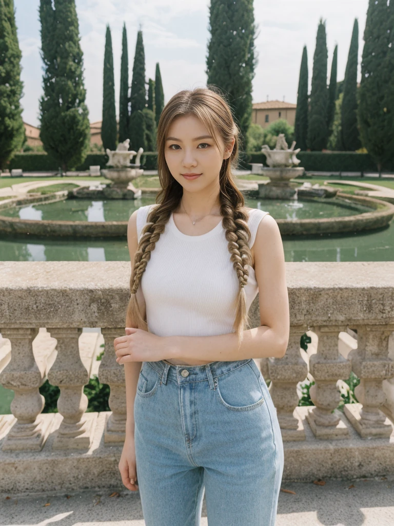 her name is Asako, high quality, 1girl, ((20-year-old fit Caucasian woman)), ((20 years old)), ((slim)), ((Fishtail Braid hair)), pose: standing, wearing edgy Generation-Z modern wear pastel colored, BACKGROUND:"In the Boboli Gardens, with manicured lawns, sculptures, and panoramic views of the Tuscan landscape."