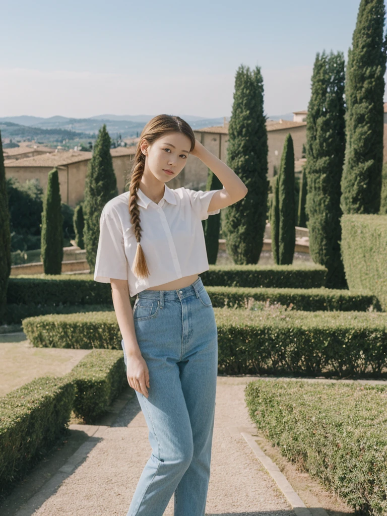 her name is Asako, high quality, 1girl, ((20-year-old fit Caucasian woman)), ((20 years old)), ((slim)), ((Fishtail Braid hair)), pose: standing, wearing edgy  Generation-Z modern wear pastel colored, BACKGROUND:"In the Boboli Gardens, with manicured lawns, sculptures, and panoramic views of the Tuscan landscape."