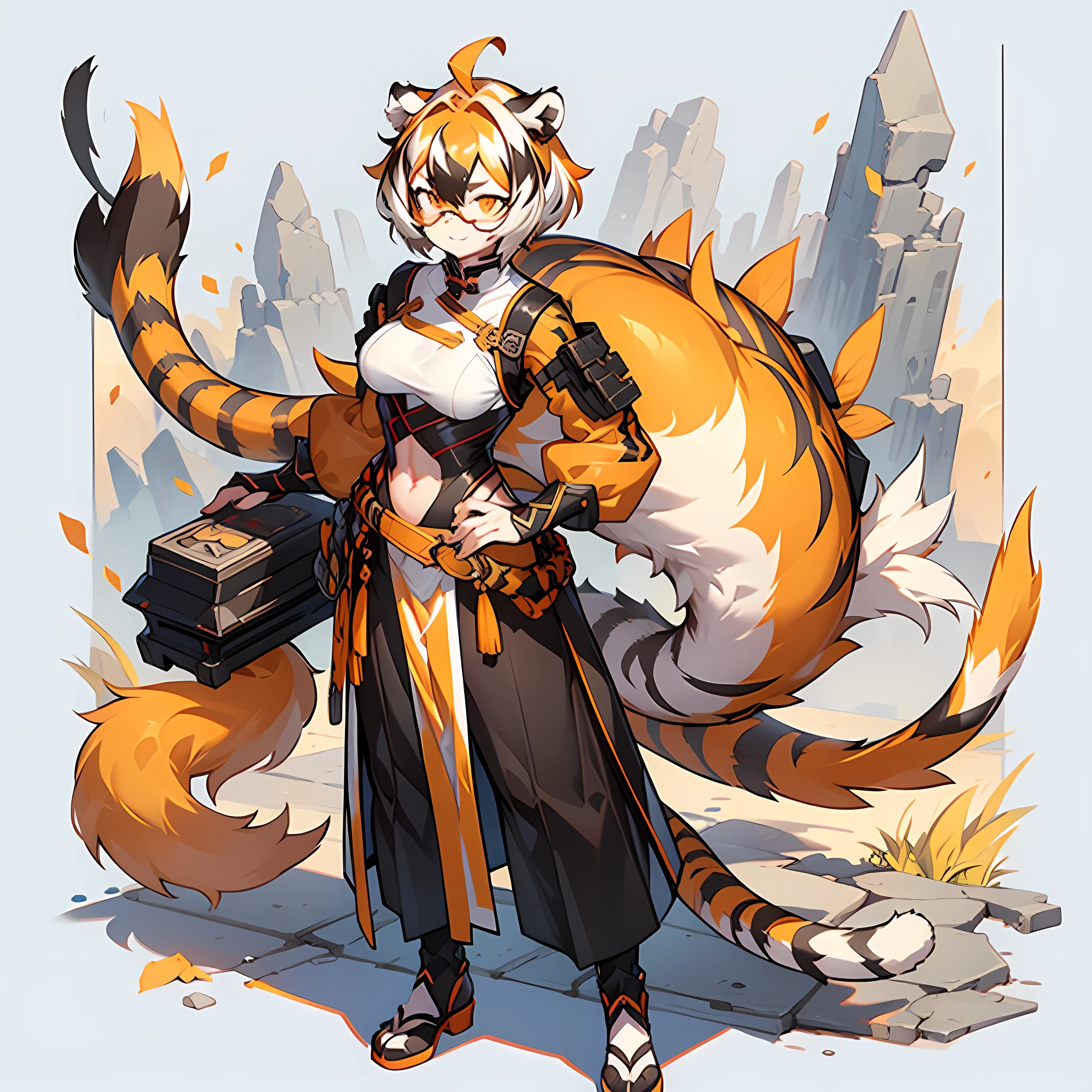 white background, full body, solo, Standing, heading up, proud , young girl, animal ears, arknights, white hair, black hair, round eyewear, glasses, OPPEIN, short hair, large breasts, muscle，tail, orange eyes, orange hair, multicolored hair, tiger girl, furry female, hair between eyes, tiger_ears, tiger_tail, waai_fu, orange-tinted_eyewear, tinted_eyewear, Sophorae, ワイフー, waai_fu_arknights, tattoo, petite, neck tattoo, big breasts, stomach tattoo, bra, panties, evil smile, Shadows under feet，text，