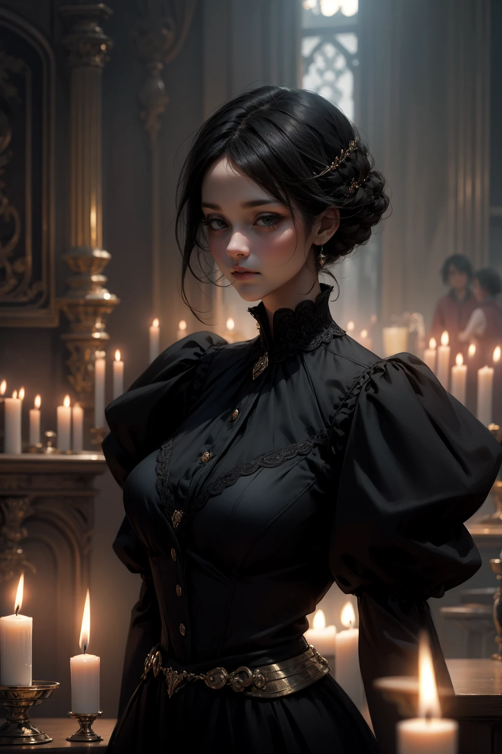 {-erro_de_anatomia:1.0} woman 30 years old, black victorian dress, brown eyes, black hair, short hair, bang, 1968s style, on the saloon, baile, looking at viwer, upper body, dark background, candles, witchcraft, dinamic poses