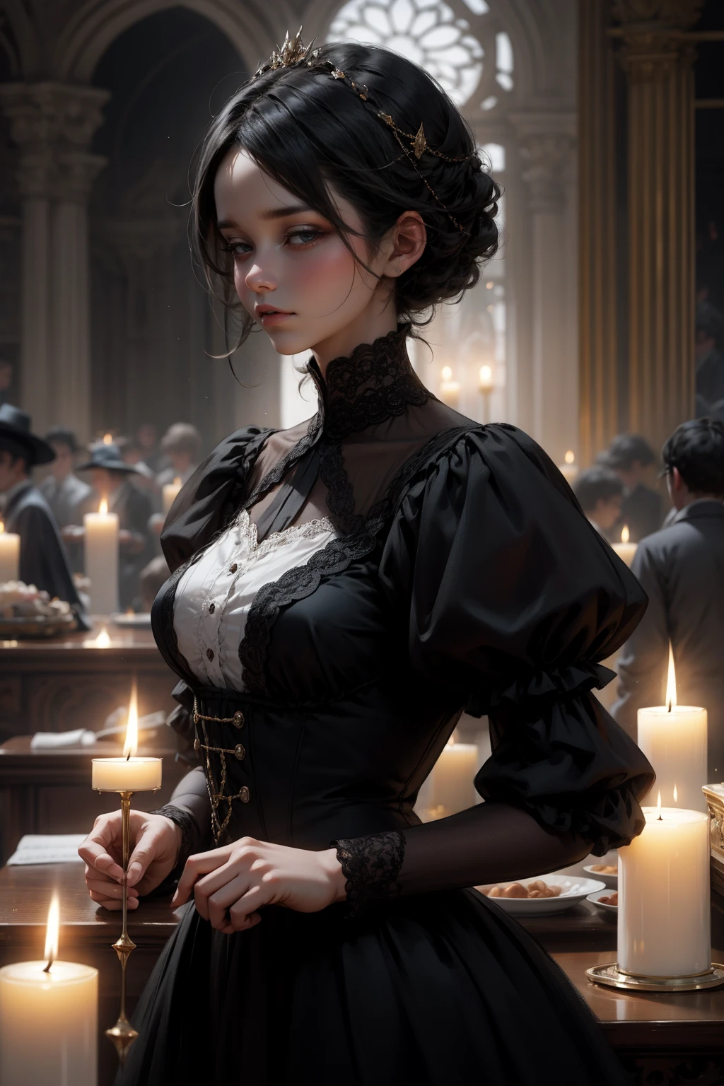 {-erro_de_anatomia:1.0} woman 30 years old, black victorian dress, brown eyes, black hair, short hair, bang, 1968s style, on the saloon, baile, looking at viwer, upper body, dark background, candles, witchcraft, dinamic poses