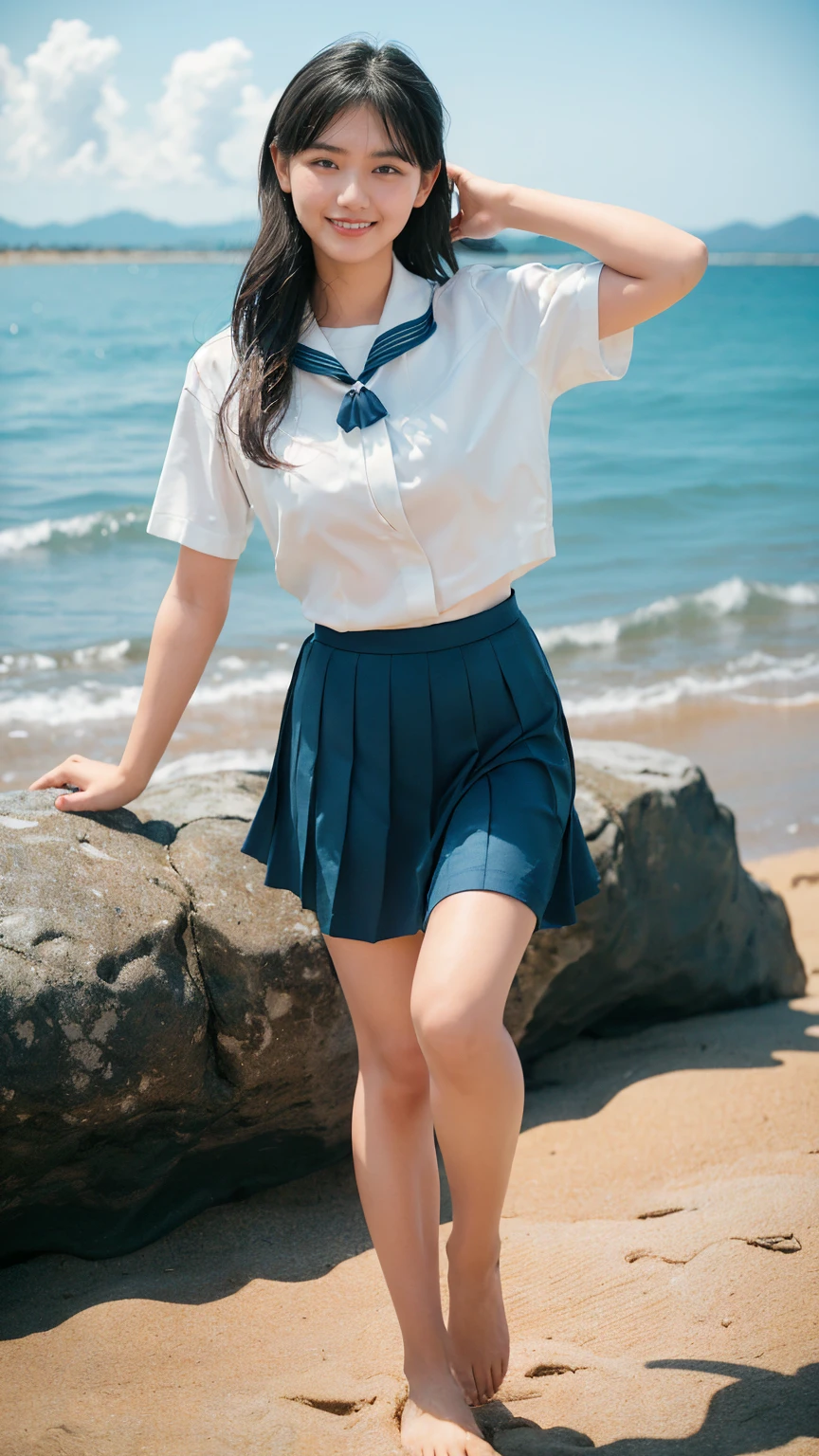 (((sunny day、Cute Japanese Woman、Beach、A strong wind is blowing、Her hair and skirt are flying、Crouch down, Scooping up seawater and spreading your hands、Traditional navy blue sailor uniform、White blouse、Pleated skirt、Playing in sea water:1.25、splash、Pour water on the camera、smile、Laughter、Sandy Beach、Light of the sun、clear blue sea、The waves crash quietly、blue sky with white clouds、green mountain々、Beautiful Nature、The joy of youth)))、(((Top-down composition:1.33)))、(((8K、Highest quality、masterpiece、Ultra-high resolution)))、(Realistic:1.4)、RAW Photos、(Real skin texture:1.3)、(Film Grain:1.3)、((No underwear、Bend one leg))、One Girl、Beautiful and detailed eyes and face、barefoot、